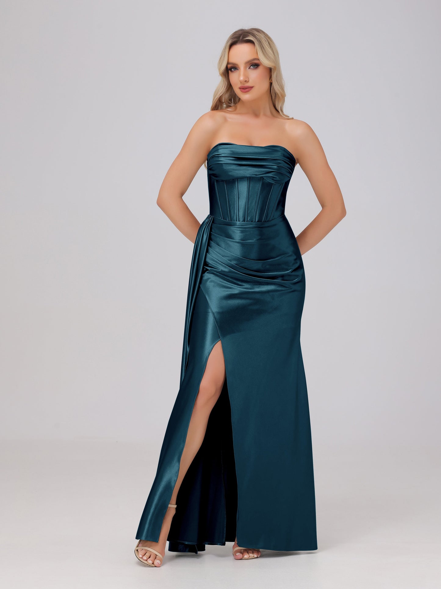 Off the Shoulder Straps Bodice Zip Back Bridesmaid Dresses with Slit
