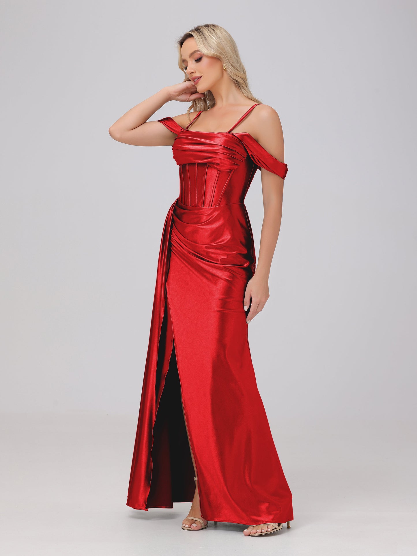 Off the Shoulder Straps Bodice Zip Back Bridesmaid Dresses with Slit