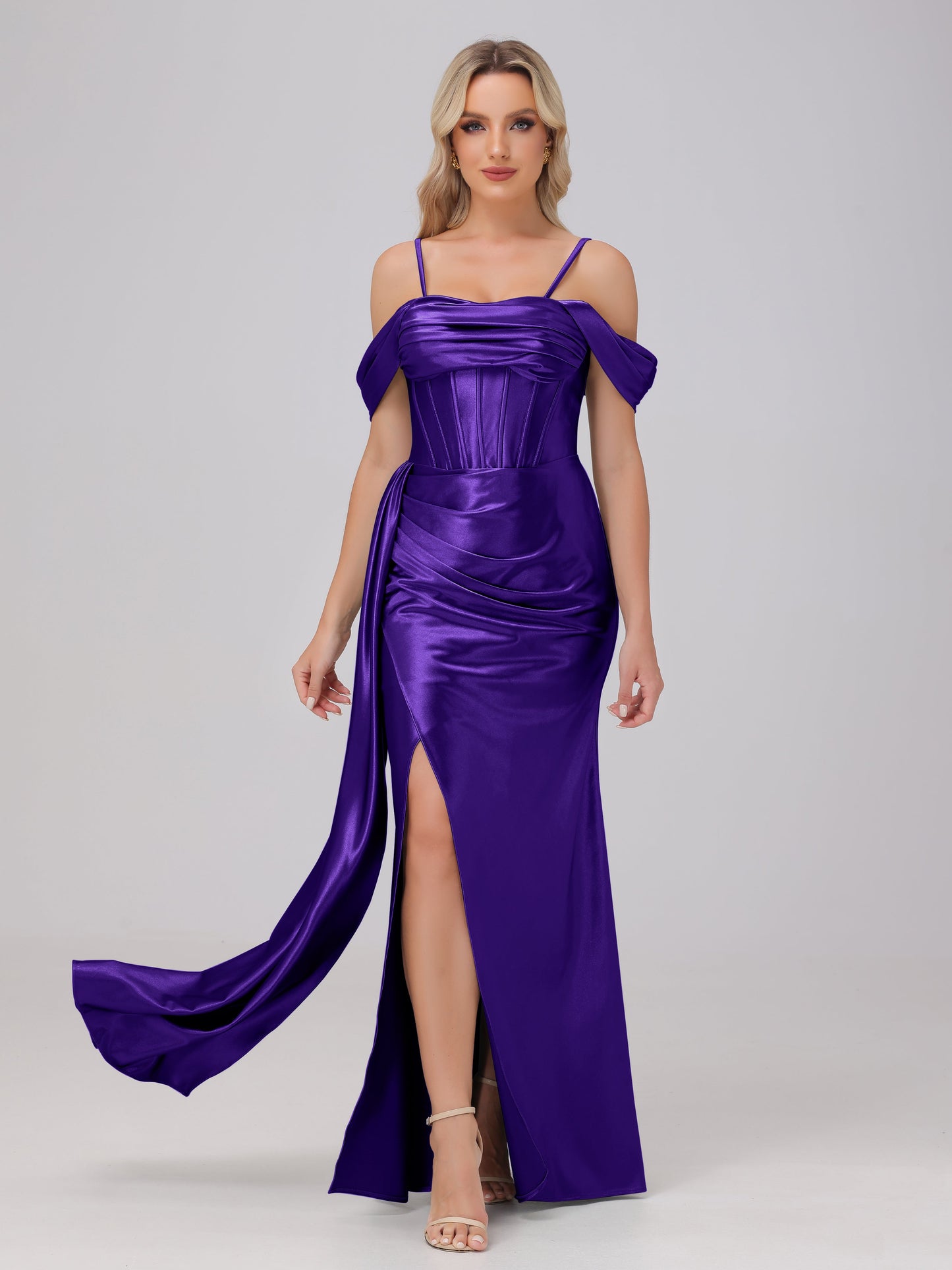 Off the Shoulder Straps Bodice Zip Back Bridesmaid Dresses with Slit