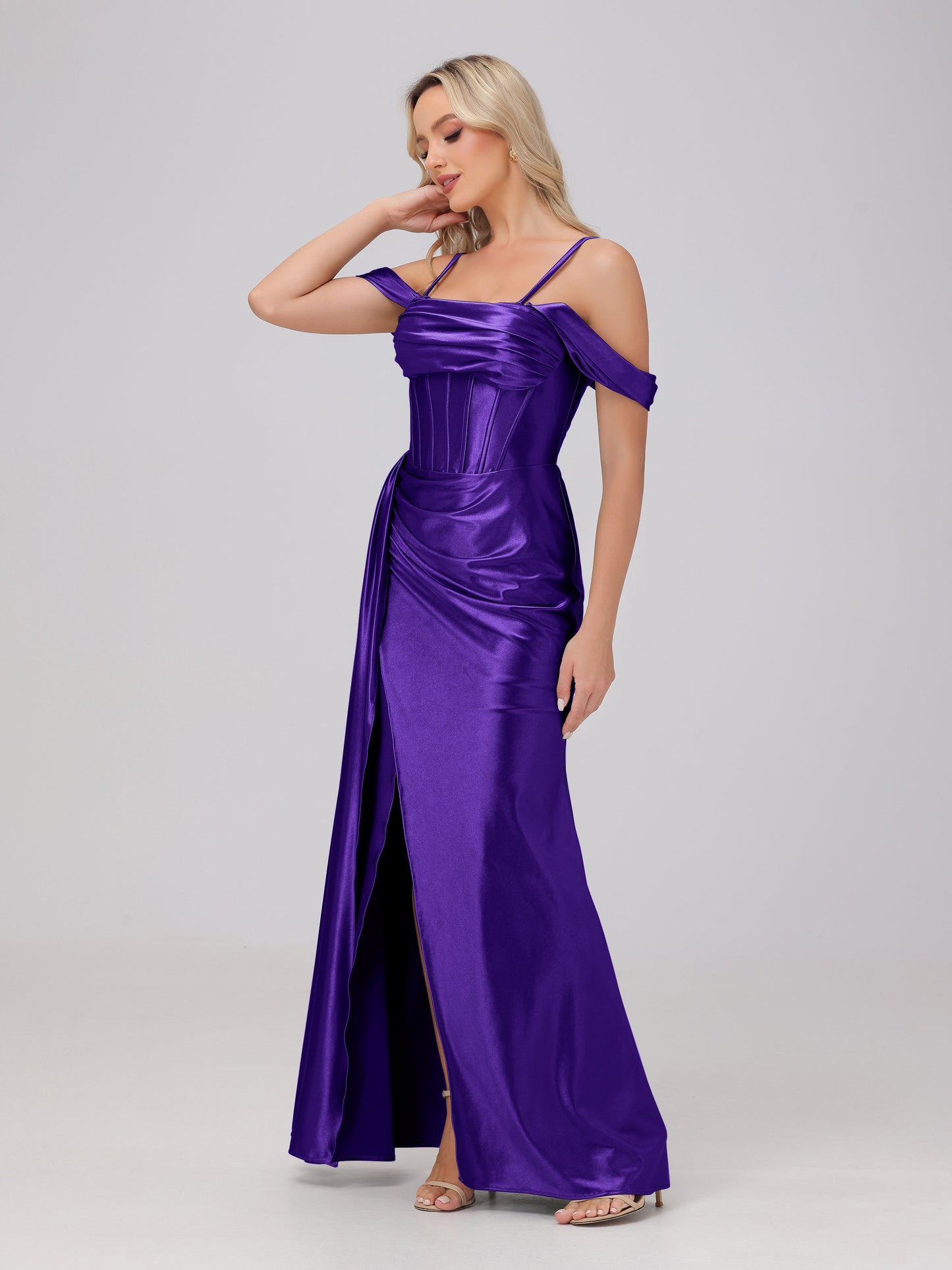 Off the Shoulder Straps Bodice Zip Back Bridesmaid Dresses with Slit