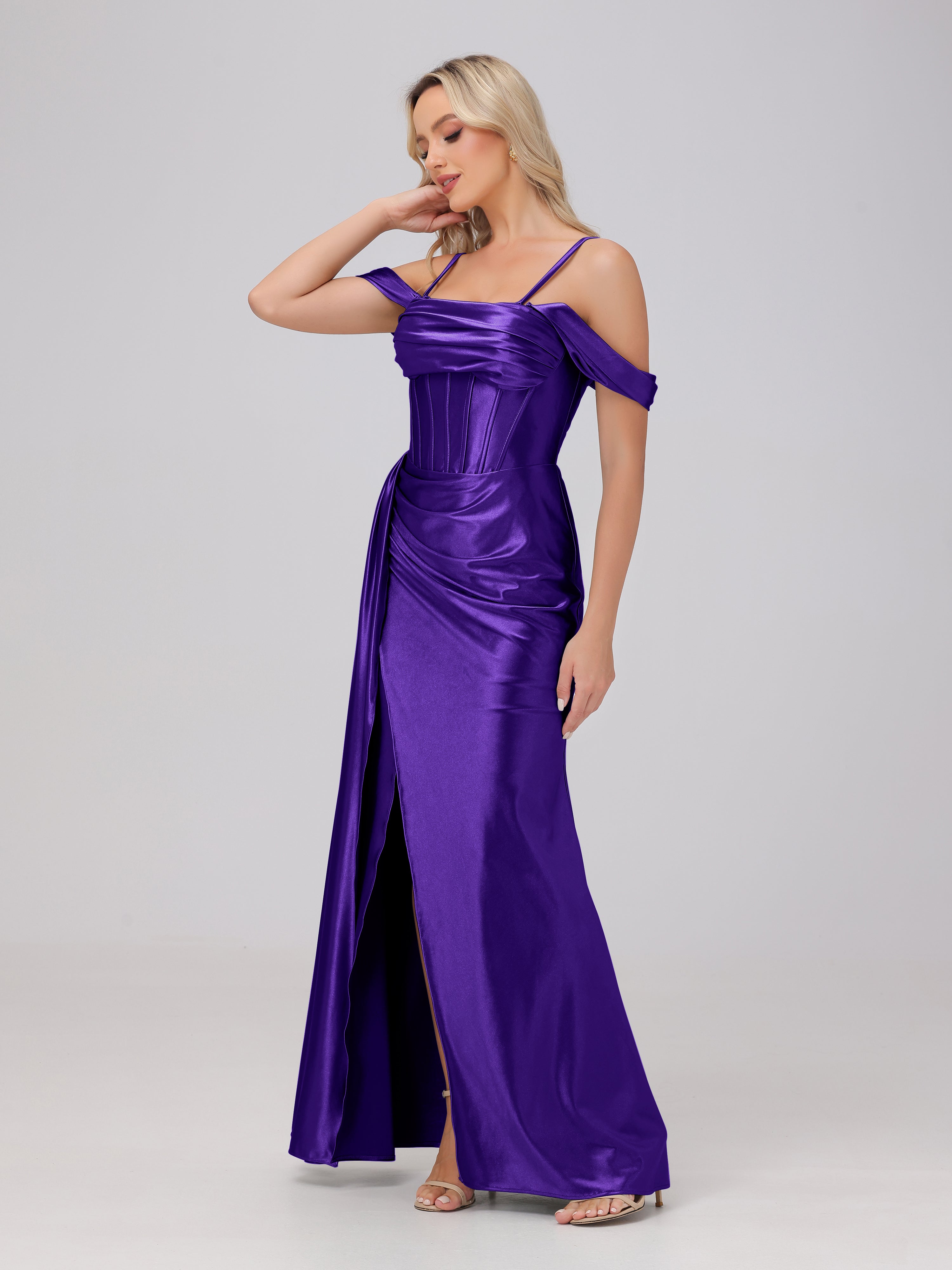 Off the Shoulder Straps Bodice Zip Back Bridesmaid Dresses with Slit