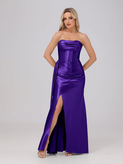 Off the Shoulder Straps Bodice Zip Back Bridesmaid Dresses with Slit