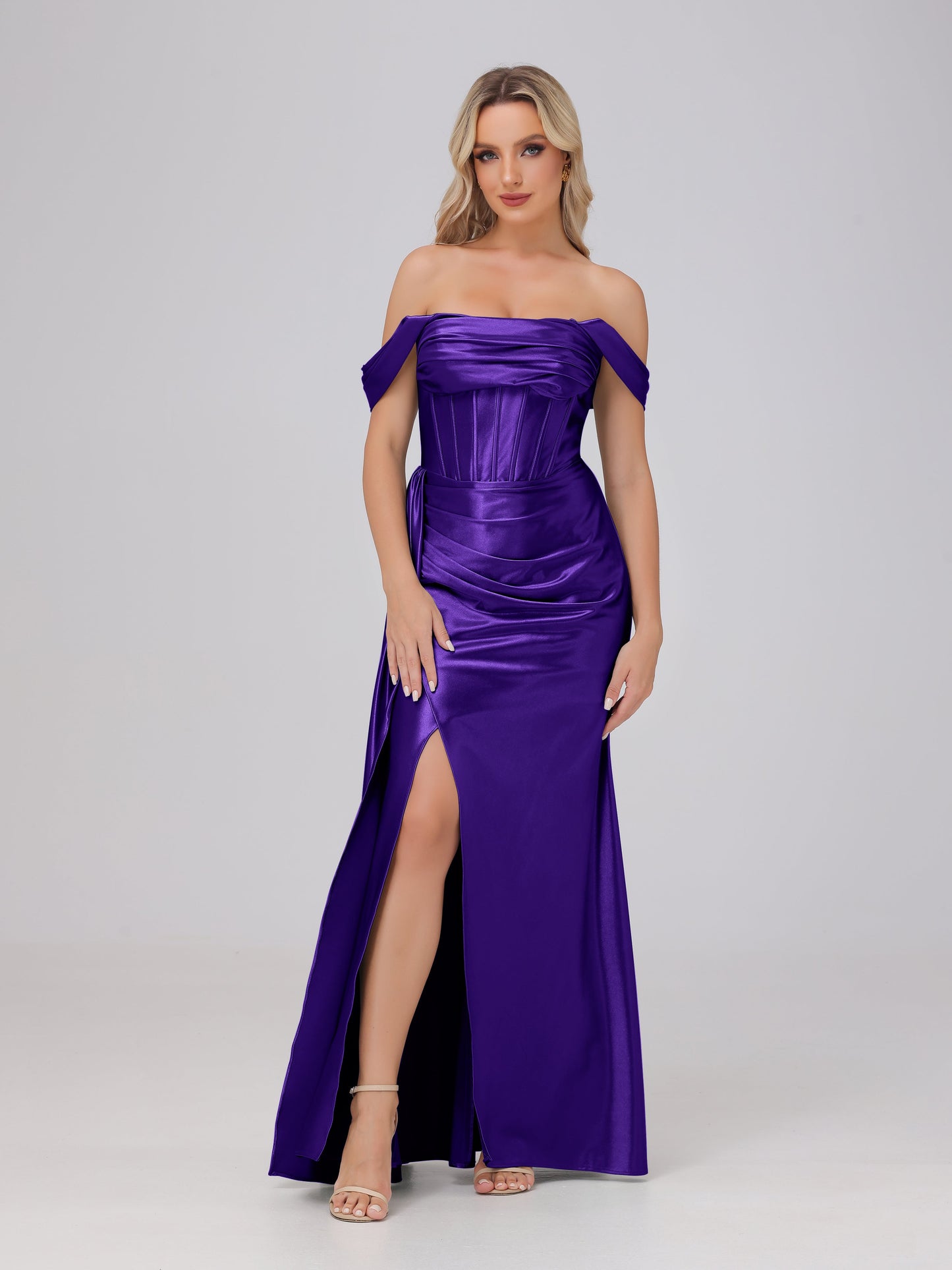 Off the Shoulder Straps Bodice Zip Back Bridesmaid Dresses with Slit