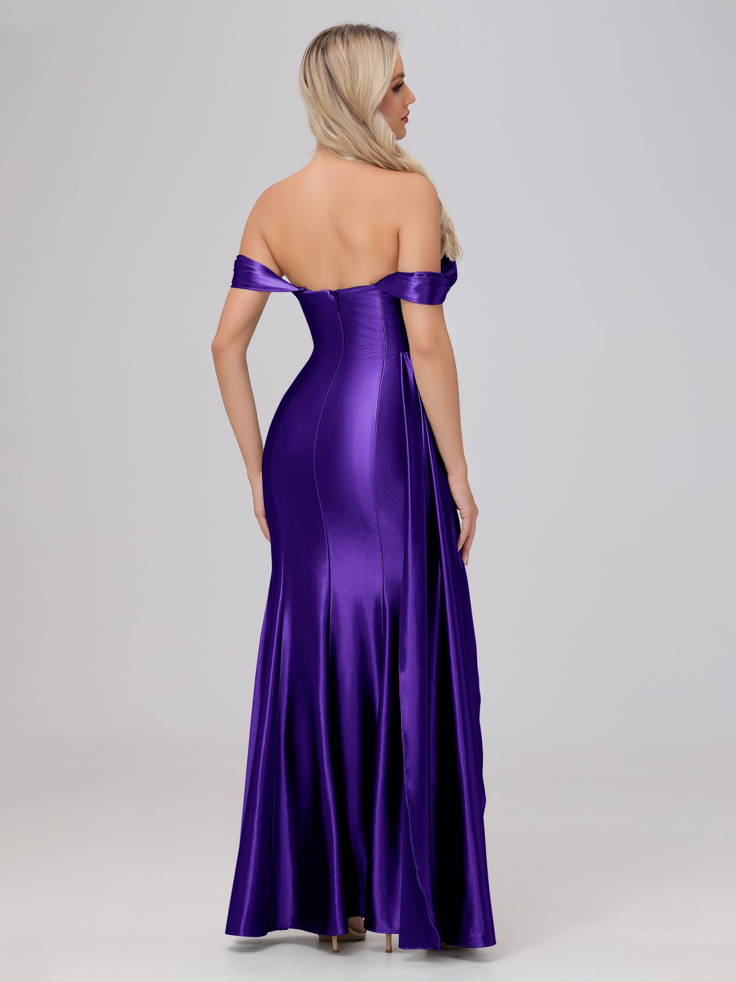 Off the Shoulder Straps Bodice Zip Back Bridesmaid Dresses with Slit