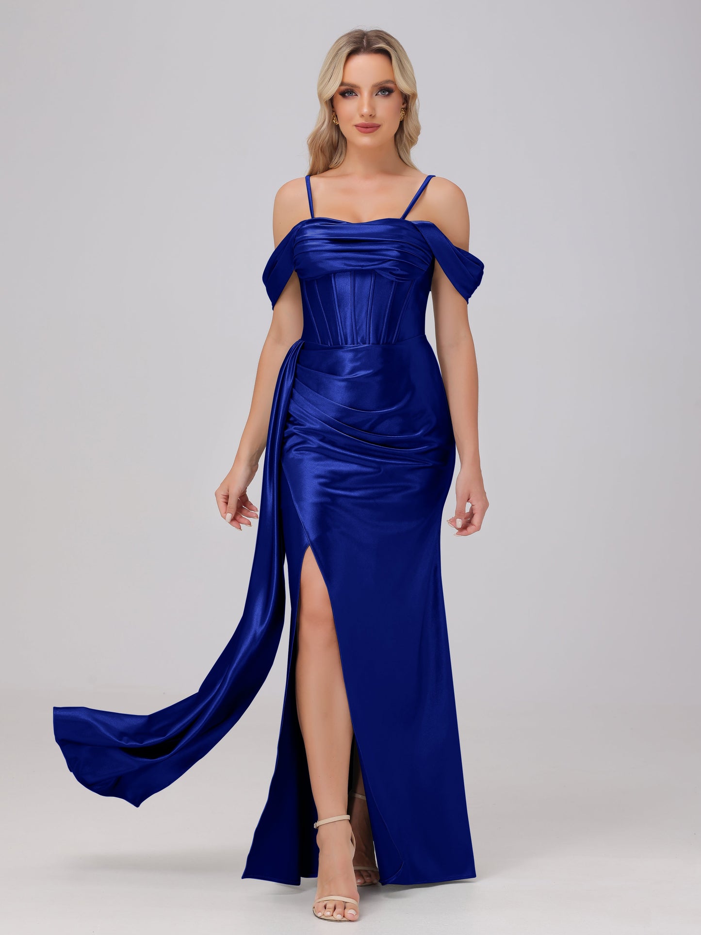 Off the Shoulder Straps Bodice Zip Back Bridesmaid Dresses with Slit