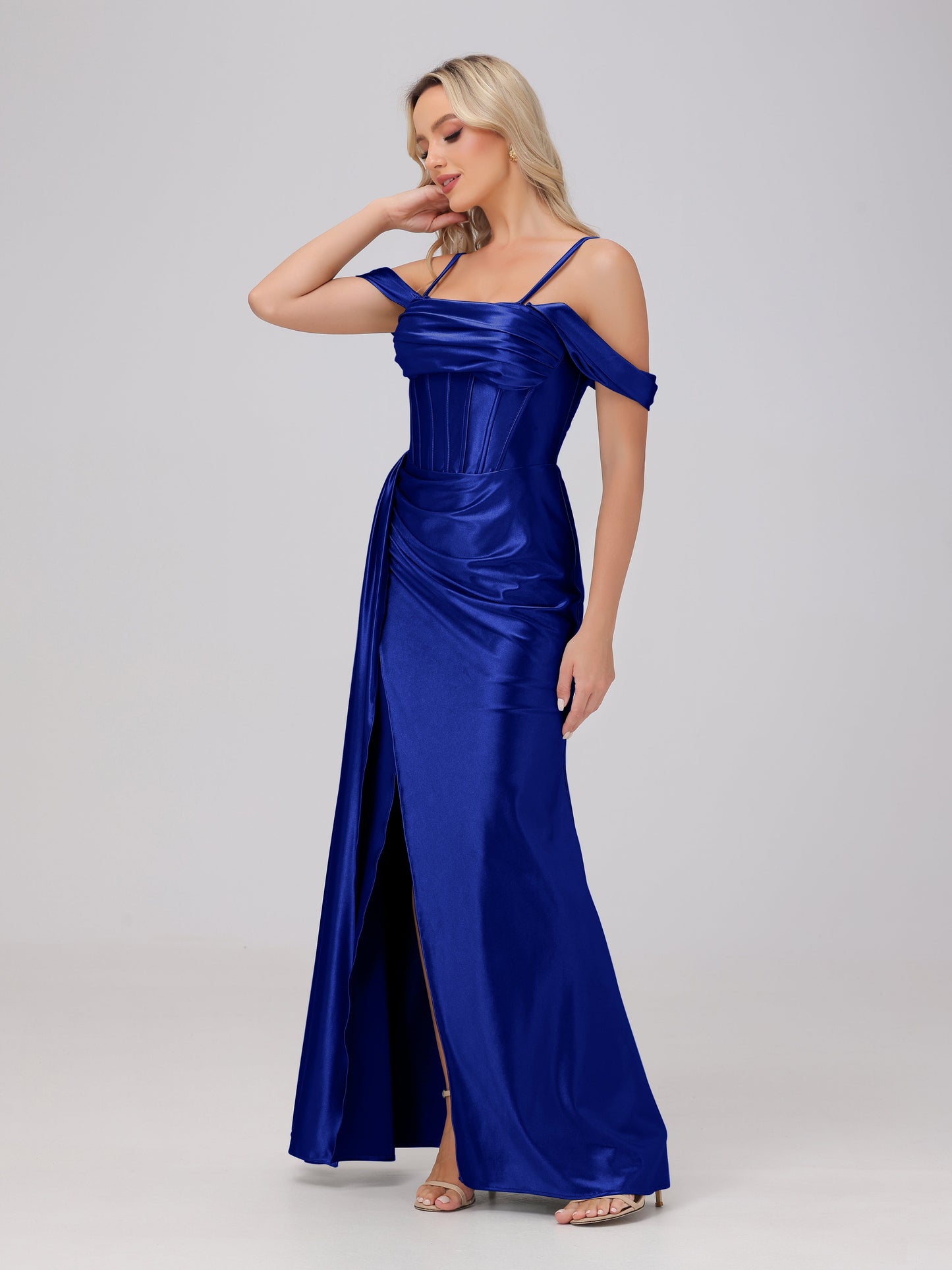Off the Shoulder Straps Bodice Zip Back Bridesmaid Dresses with Slit
