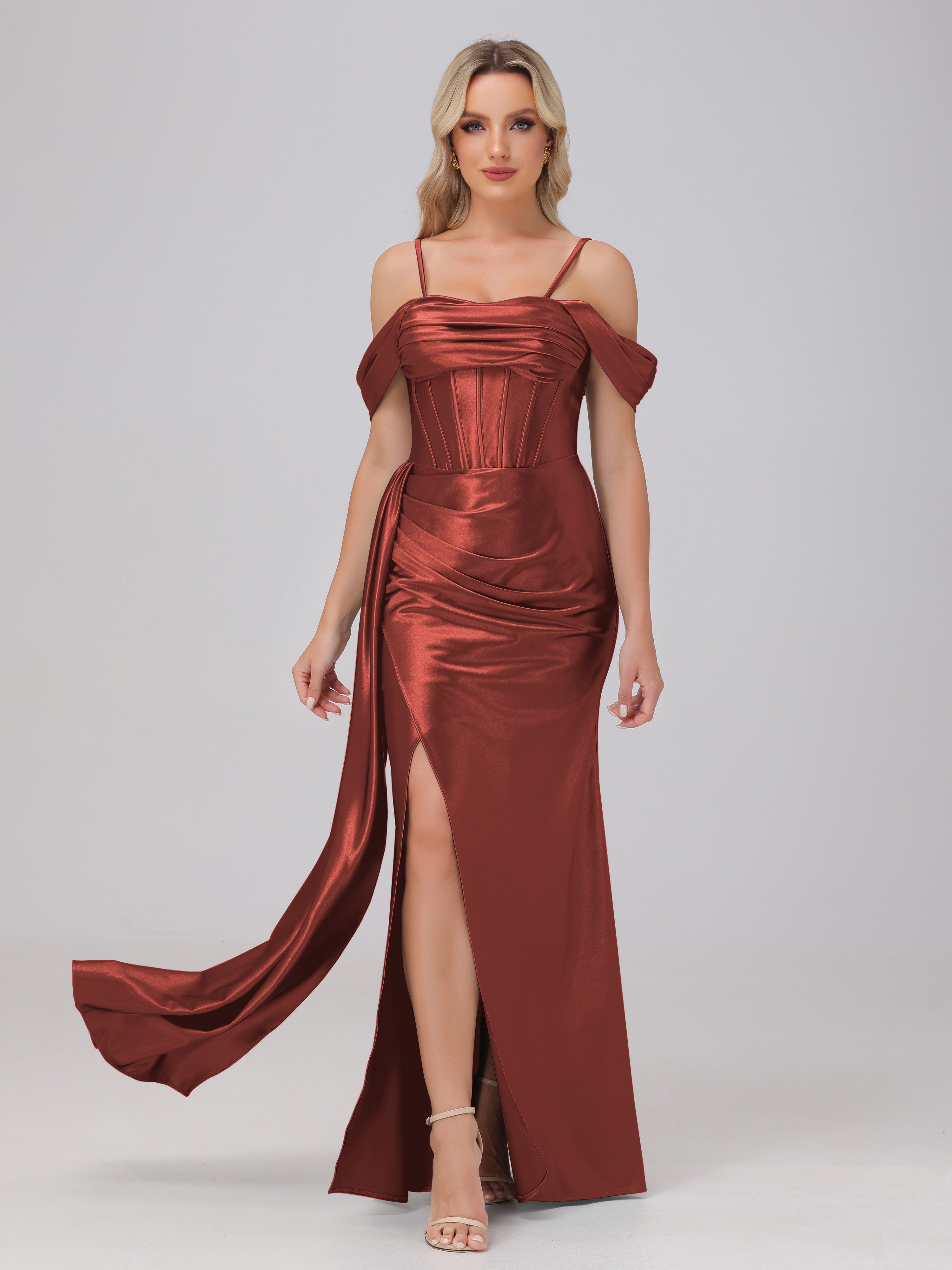 Off the Shoulder Straps Bodice Zip Back Bridesmaid Dresses with Slit