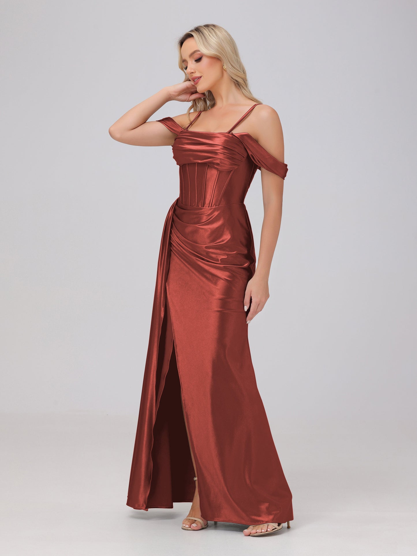 Off the Shoulder Straps Bodice Zip Back Bridesmaid Dresses with Slit