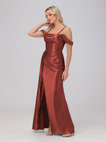 Off the Shoulder Straps Bodice Zip Back Bridesmaid Dresses with Slit