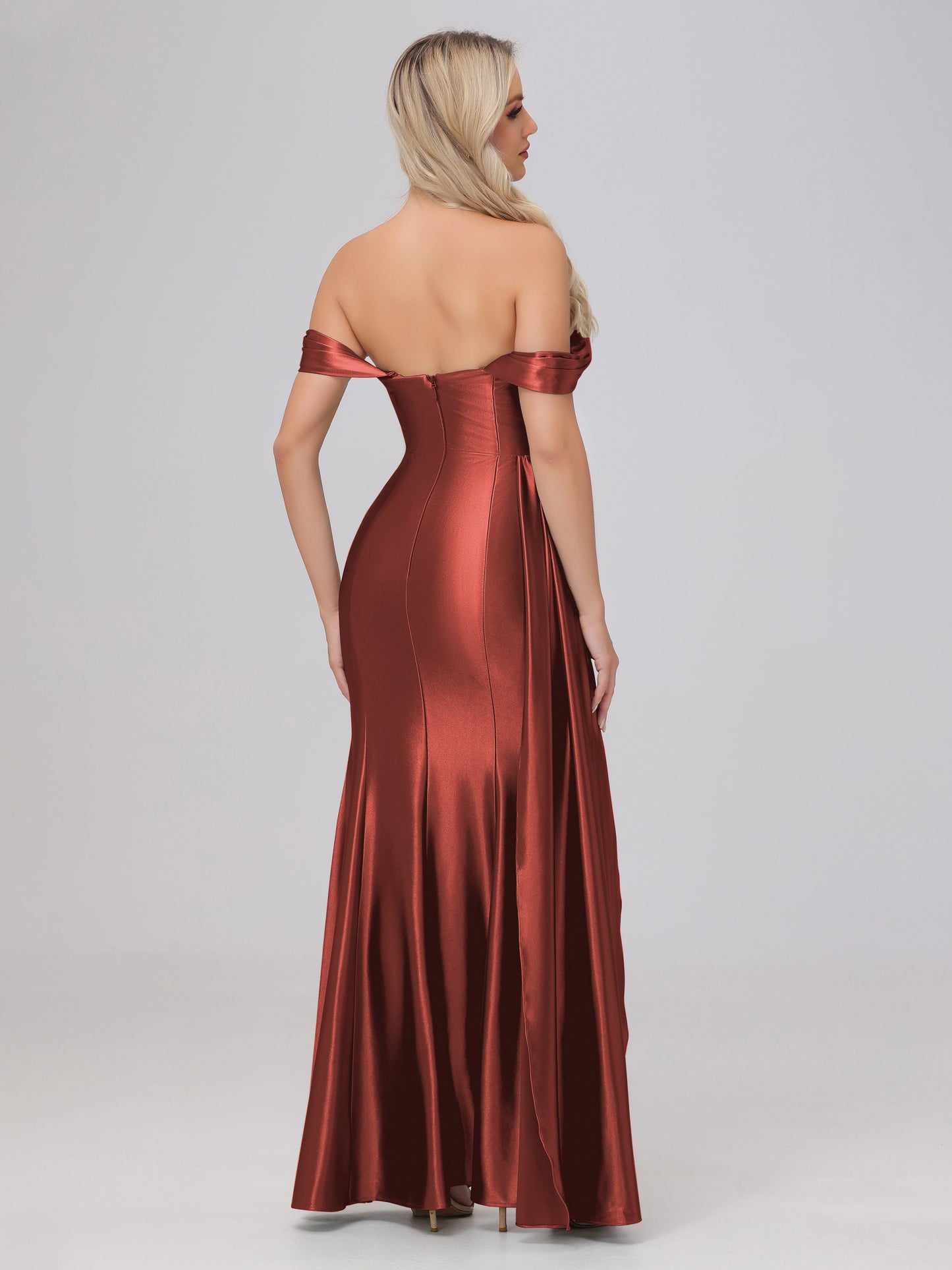 Off the Shoulder Straps Bodice Zip Back Bridesmaid Dresses with Slit