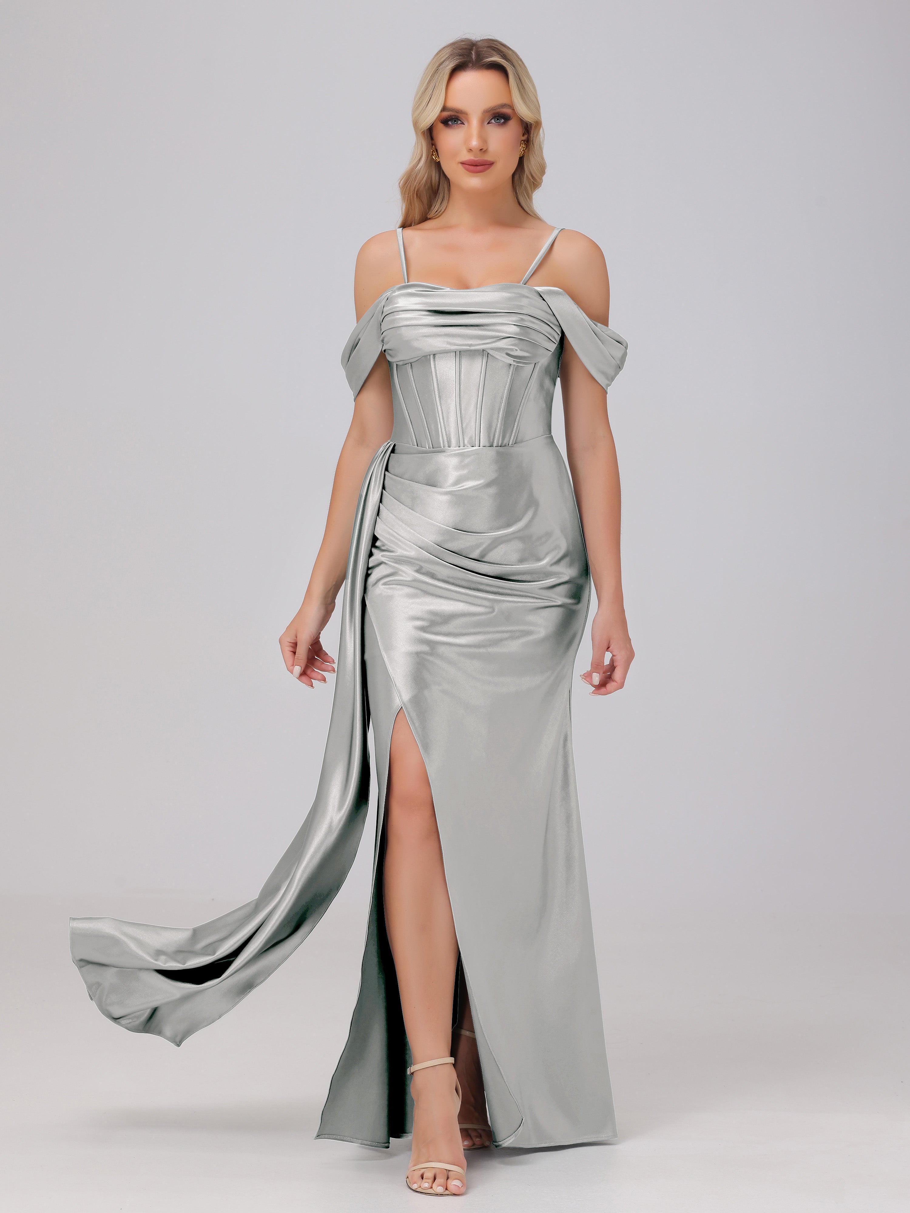 Off the Shoulder Straps Bodice Zip Back Bridesmaid Dresses with Slit