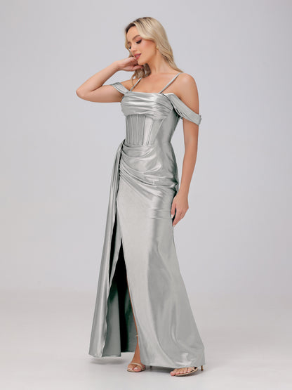 Off the Shoulder Straps Bodice Zip Back Bridesmaid Dresses with Slit