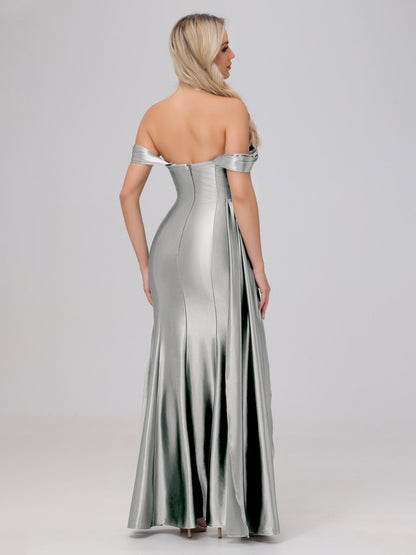 Off the Shoulder Straps Bodice Zip Back Bridesmaid Dresses with Slit