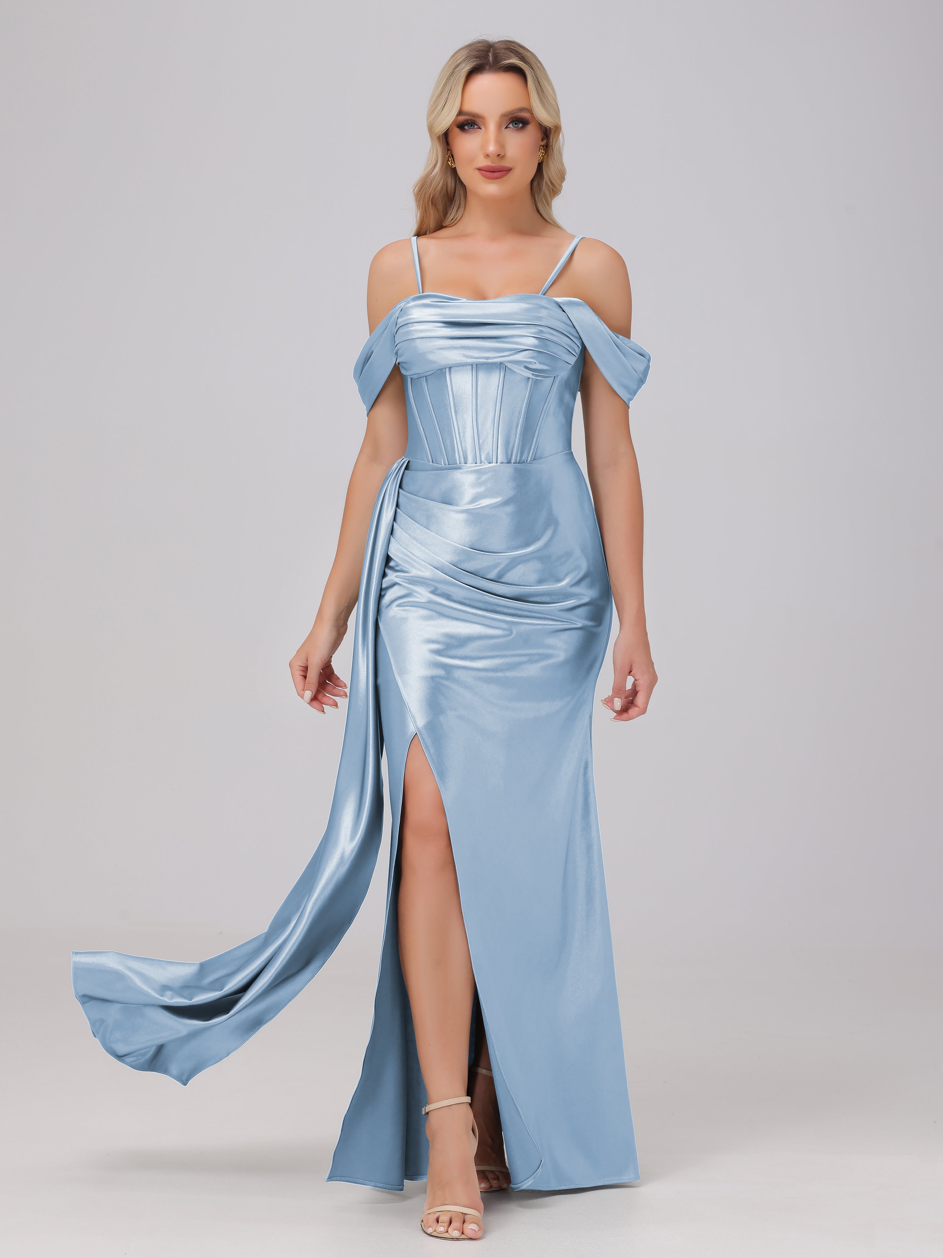 Off the Shoulder Straps Bodice Zip Back Bridesmaid Dresses with Slit