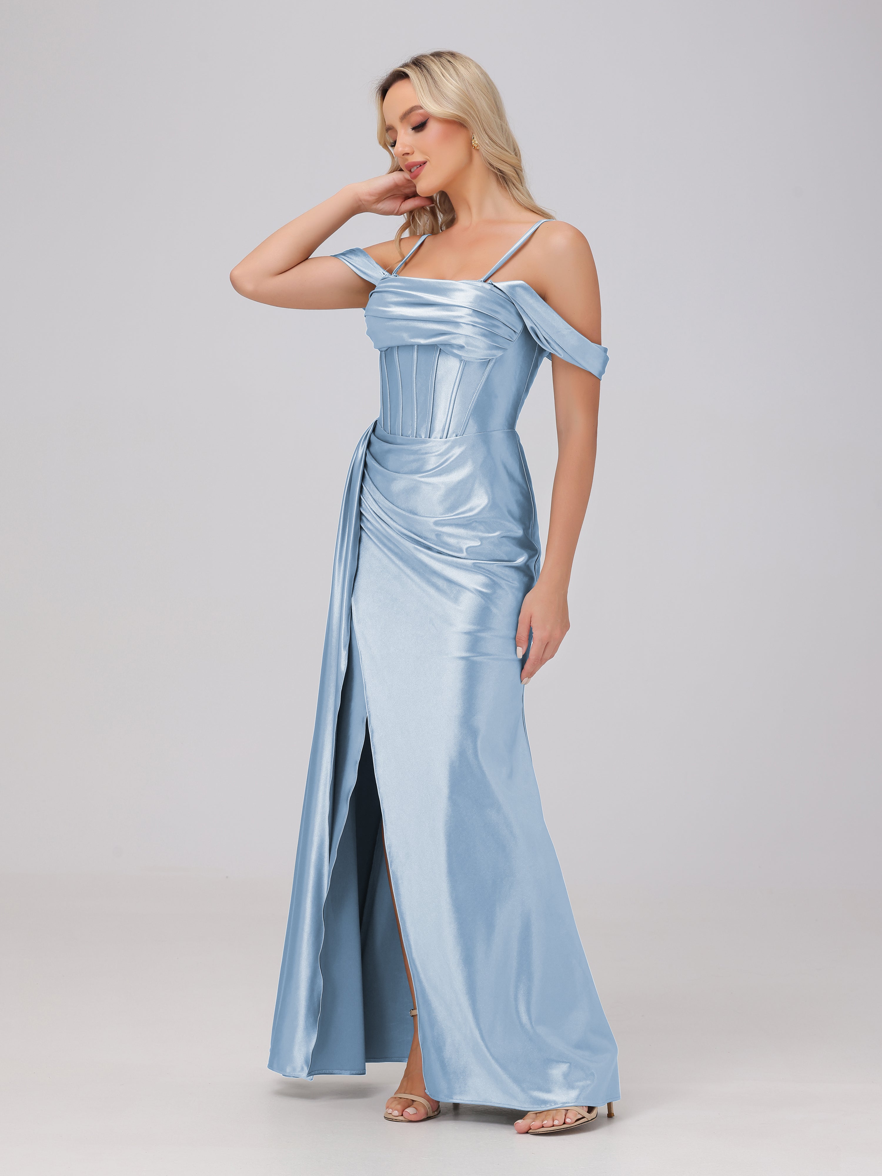 Off the Shoulder Straps Bodice Zip Back Bridesmaid Dresses with Slit