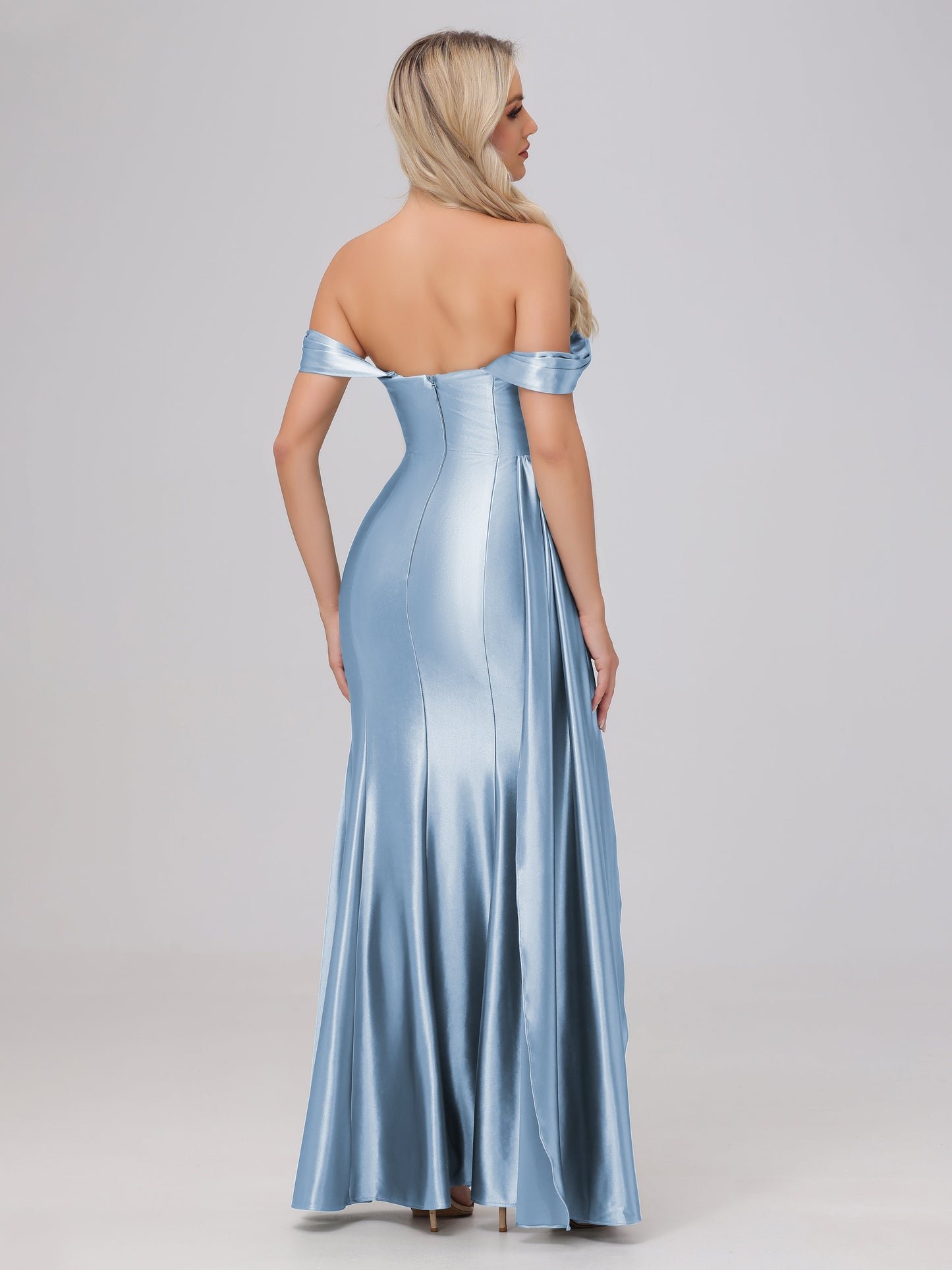 Off the Shoulder Straps Bodice Zip Back Bridesmaid Dresses with Slit