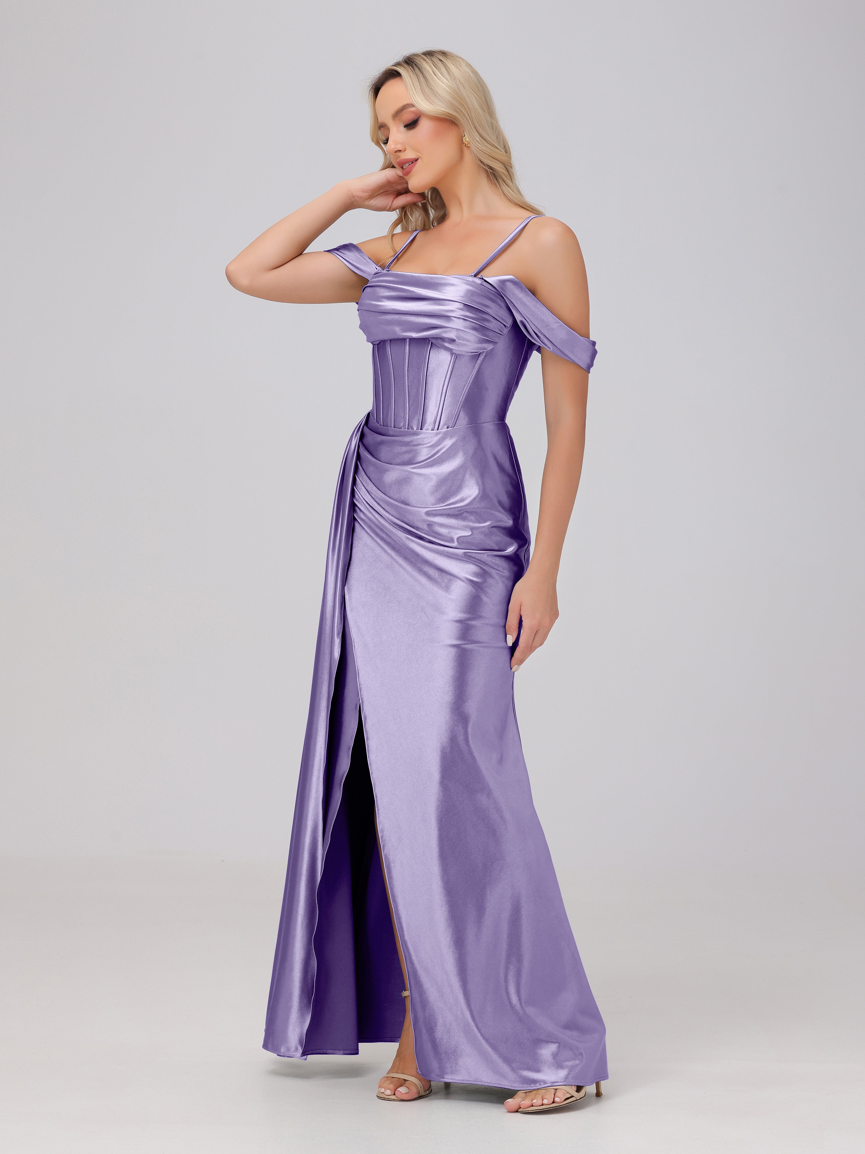 Off the Shoulder Straps Bodice Zip Back Bridesmaid Dresses with Slit