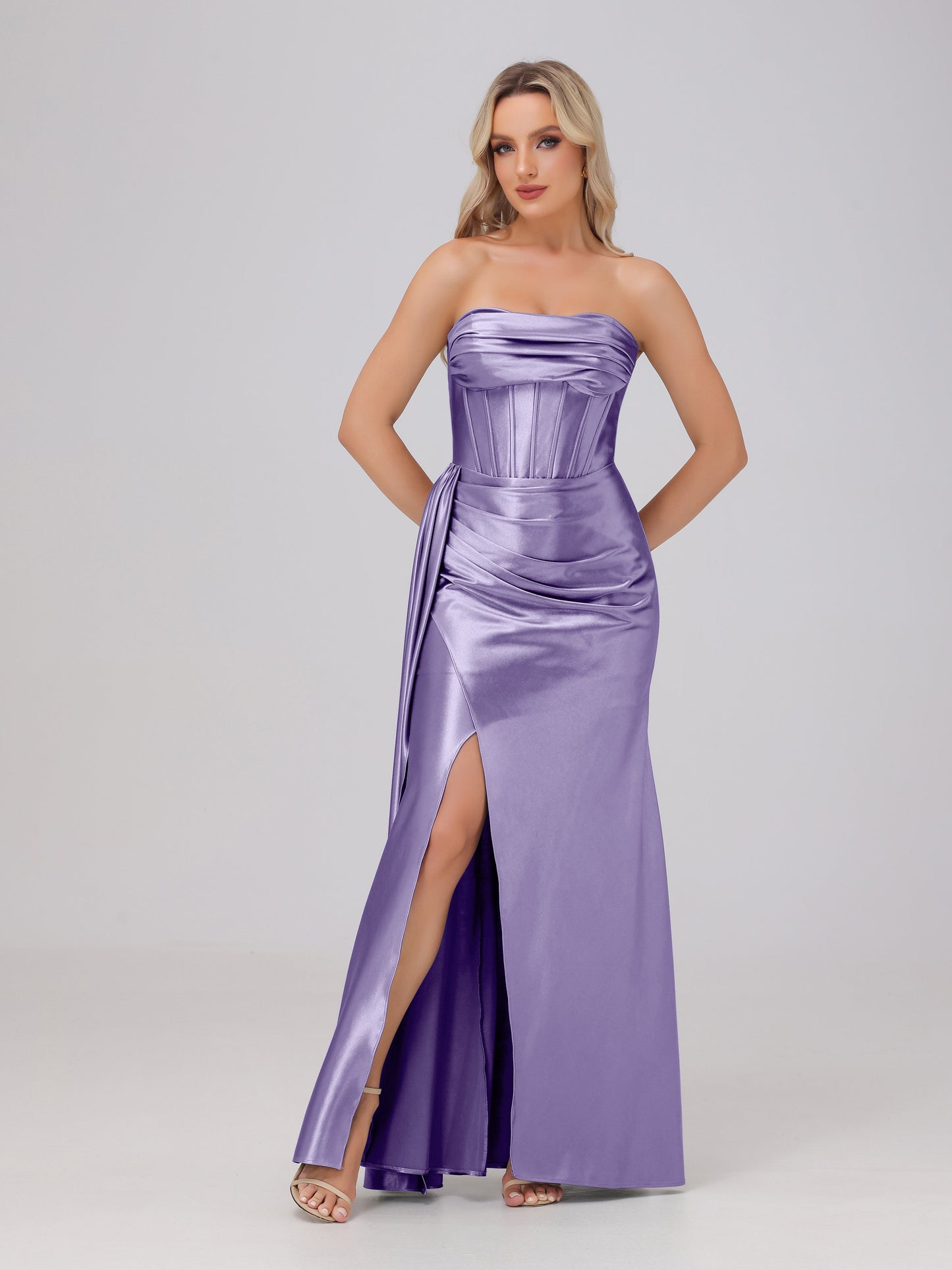Off the Shoulder Straps Bodice Zip Back Bridesmaid Dresses with Slit