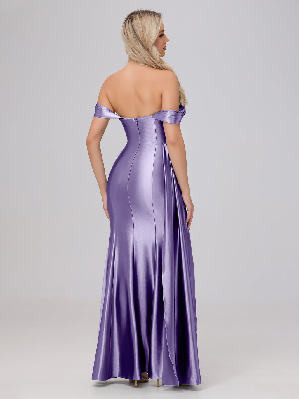 Off the Shoulder Straps Bodice Zip Back Bridesmaid Dresses with Slit
