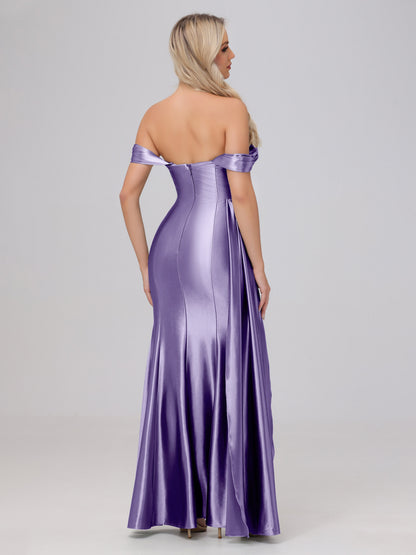 Off the Shoulder Straps Bodice Zip Back Bridesmaid Dresses with Slit