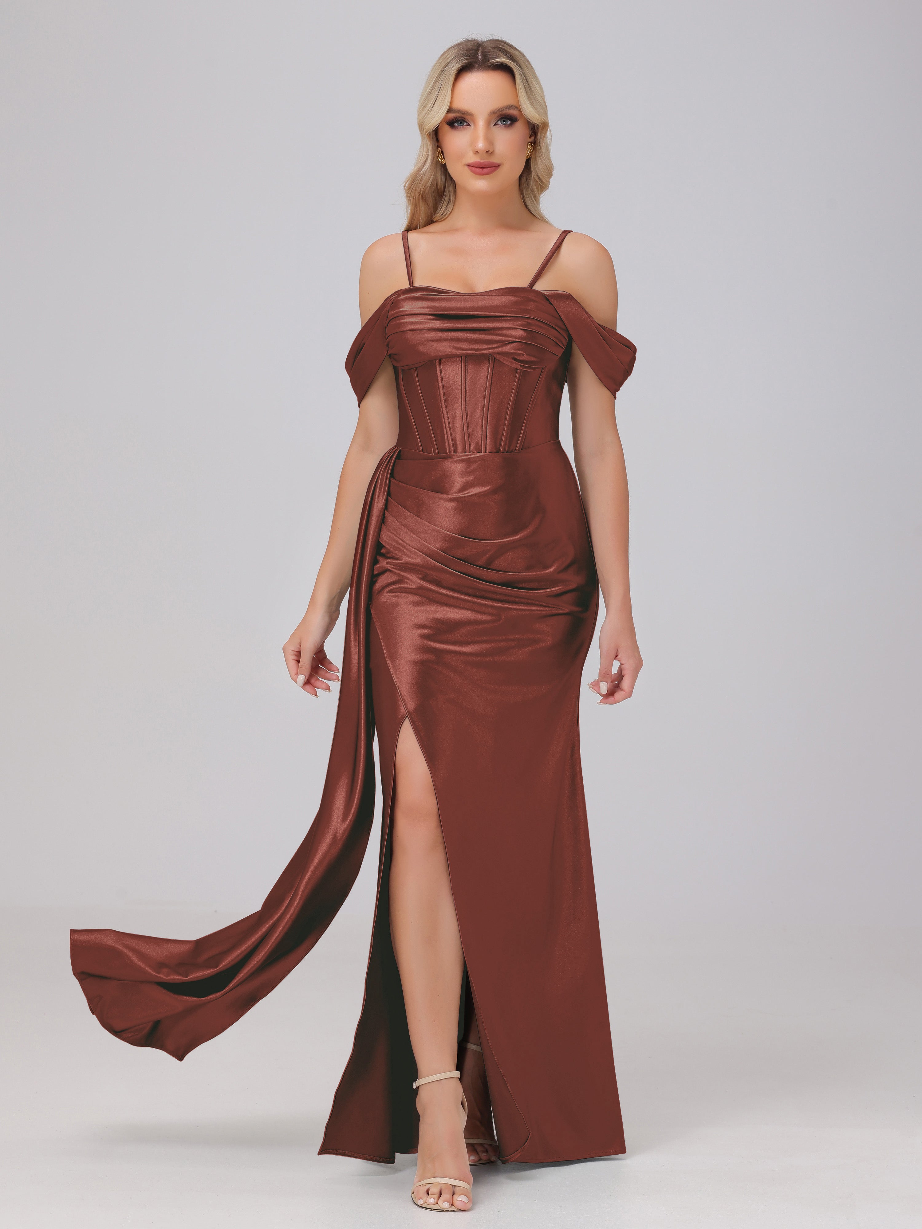Off the Shoulder Straps Bodice Zip Back Bridesmaid Dresses with Slit