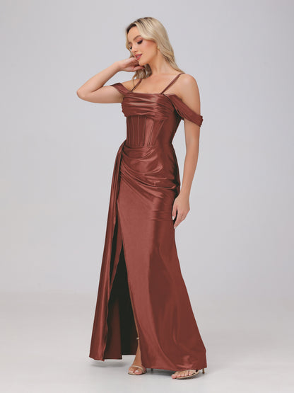 Off the Shoulder Straps Bodice Zip Back Bridesmaid Dresses with Slit