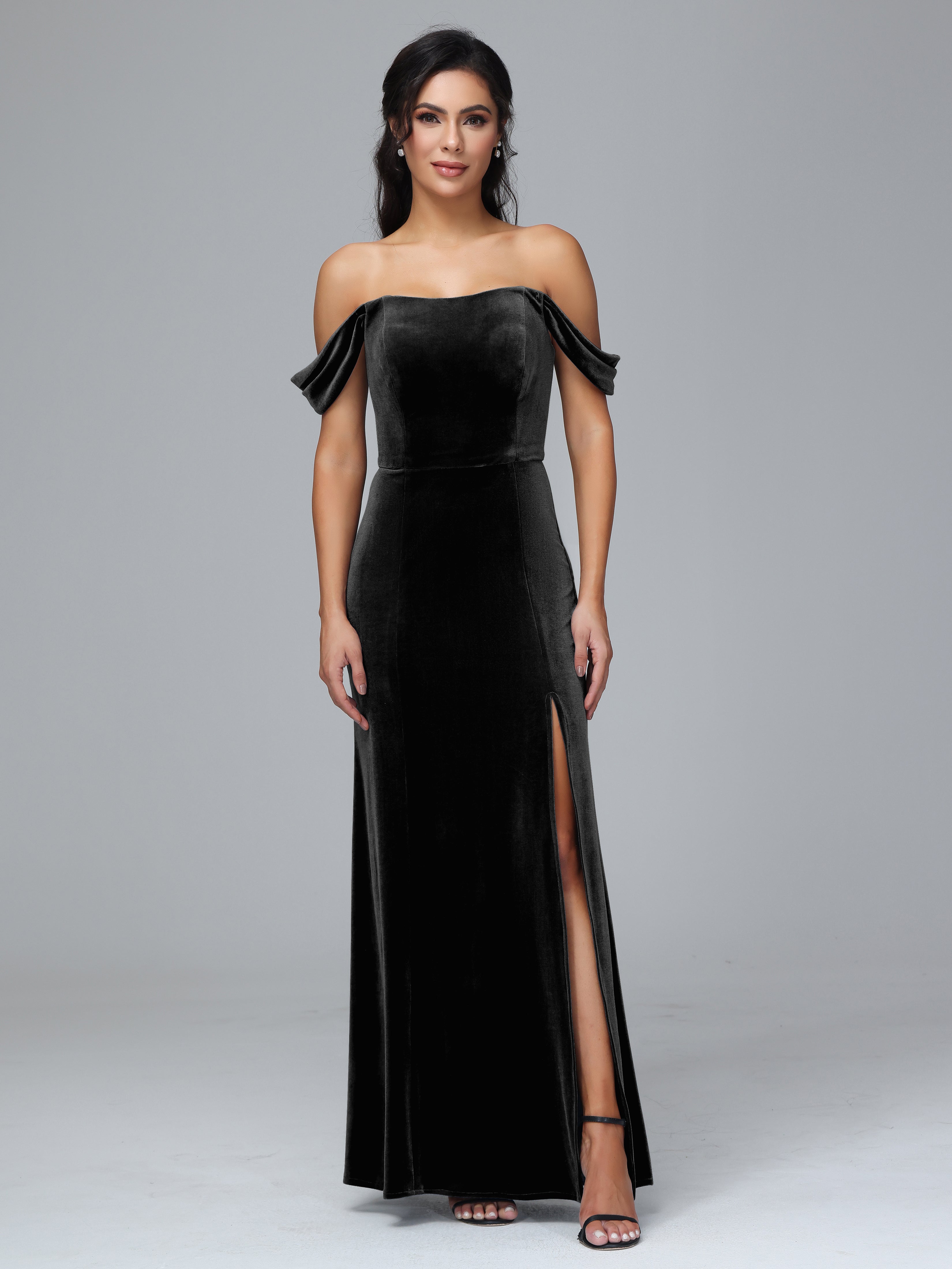 Off Shoulder Plus Size Velvet Bridesmaid Dress With Slit