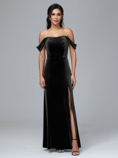 Off Shoulder Plus Size Velvet Bridesmaid Dress With Slit
