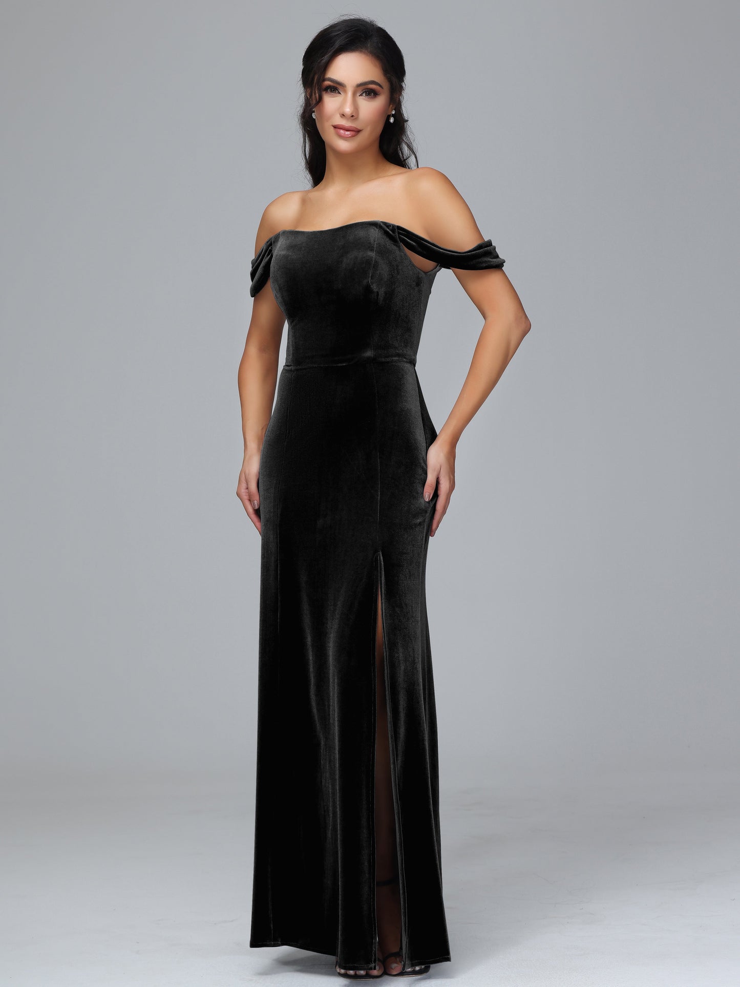 Off Shoulder Plus Size Velvet Bridesmaid Dress With Slit