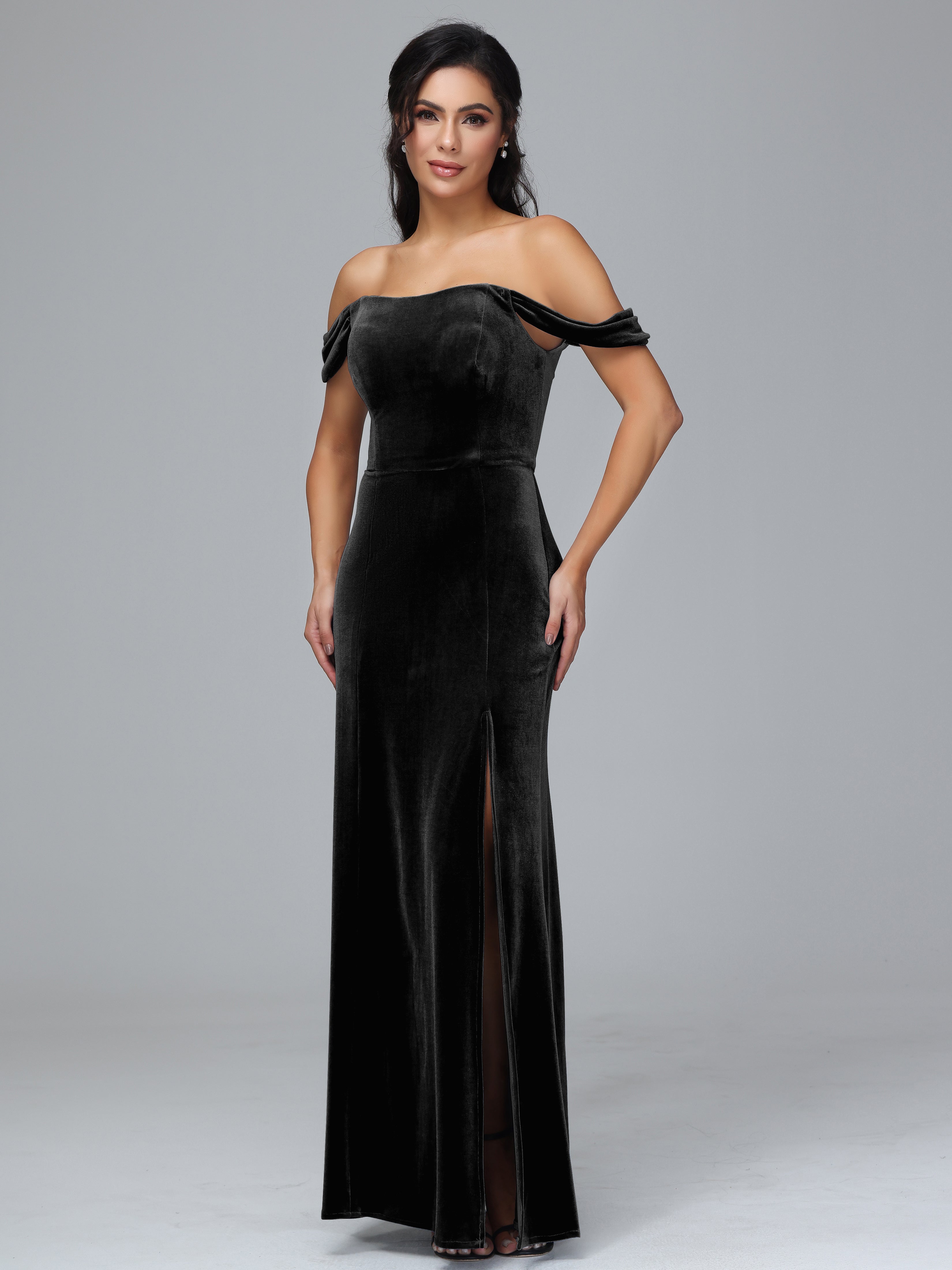 Off Shoulder Plus Size Velvet Bridesmaid Dress With Slit