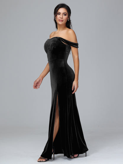 Off Shoulder Plus Size Velvet Bridesmaid Dress With Slit