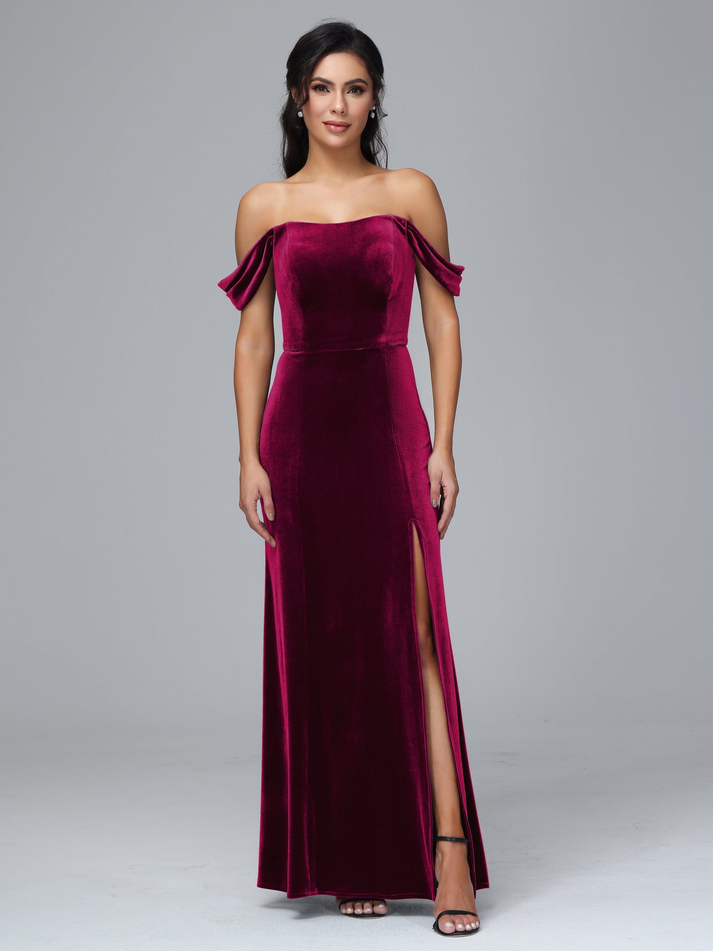 Off Shoulder Plus Size Velvet Bridesmaid Dress With Slit