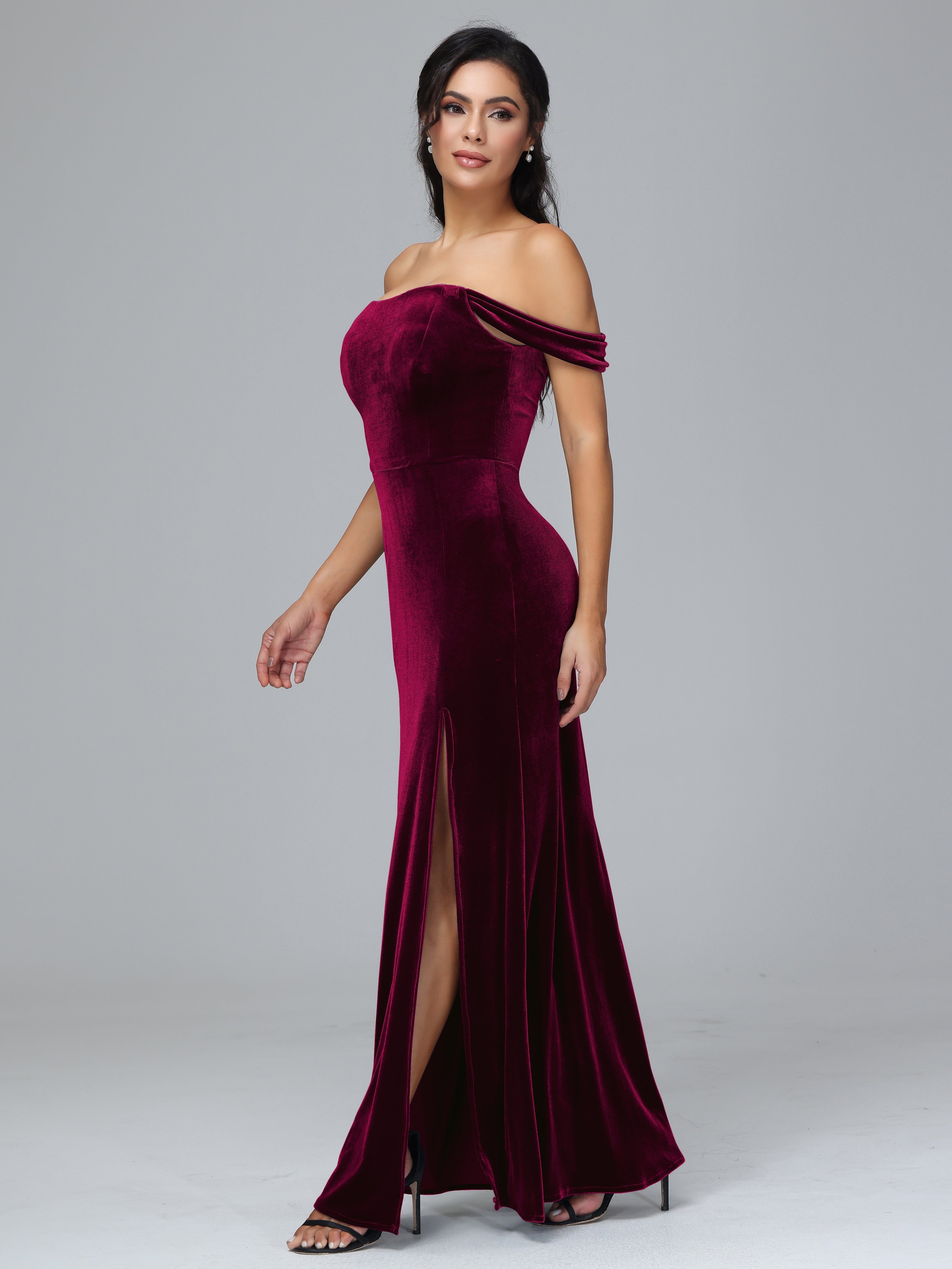 Off Shoulder Plus Size Velvet Bridesmaid Dress With Slit