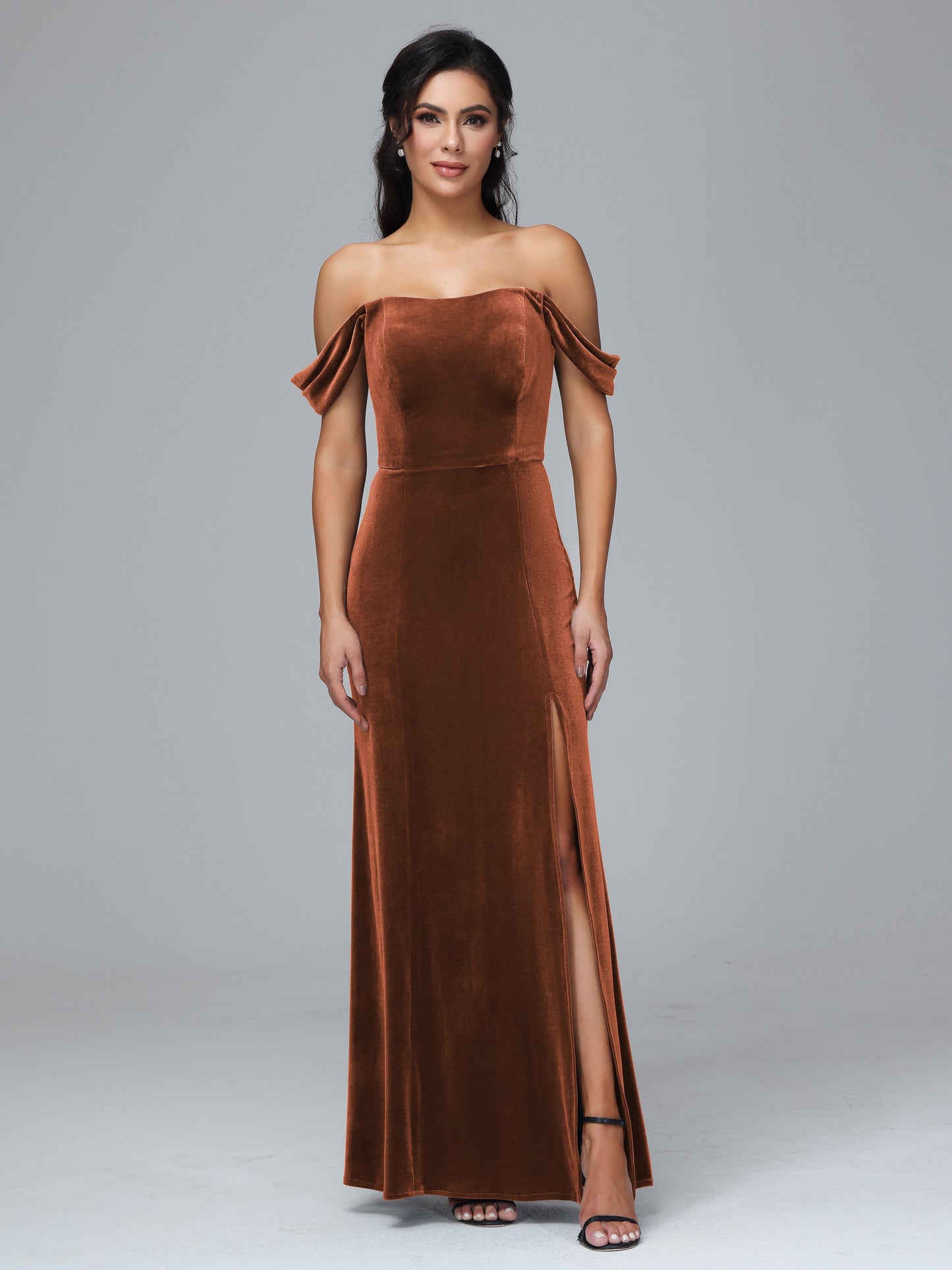 Off Shoulder Plus Size Velvet Bridesmaid Dress With Slit