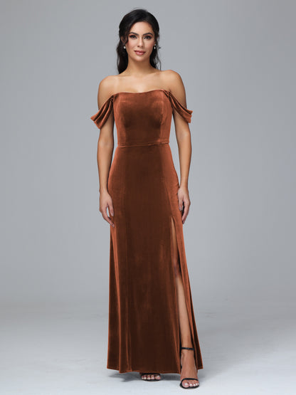 Off Shoulder Plus Size Velvet Bridesmaid Dress With Slit