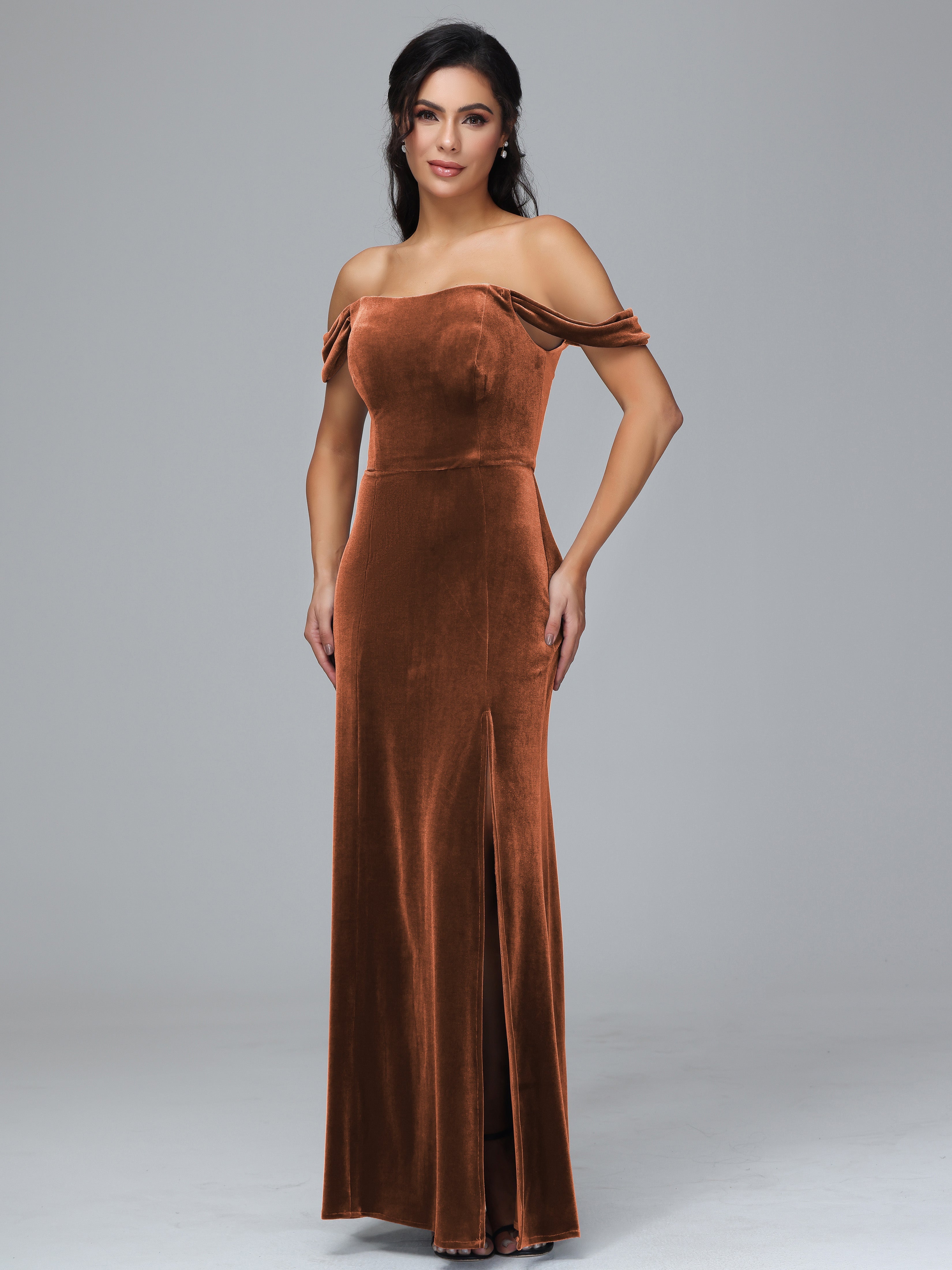 Off Shoulder Plus Size Velvet Bridesmaid Dress With Slit