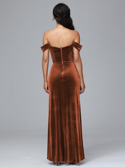 Off Shoulder Plus Size Velvet Bridesmaid Dress With Slit