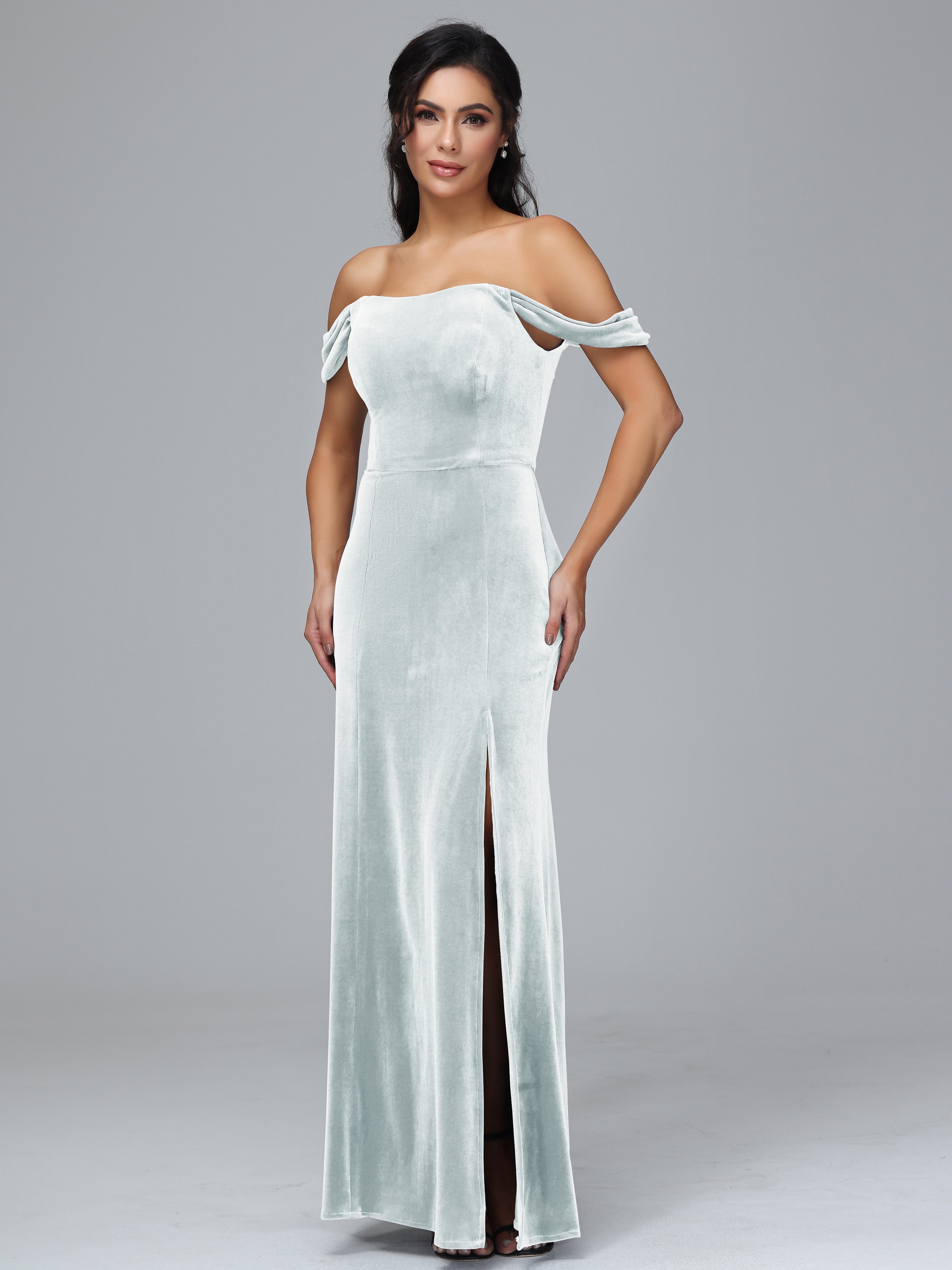 Off Shoulder Plus Size Velvet Bridesmaid Dress With Slit