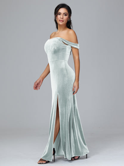 Off Shoulder Plus Size Velvet Bridesmaid Dress With Slit