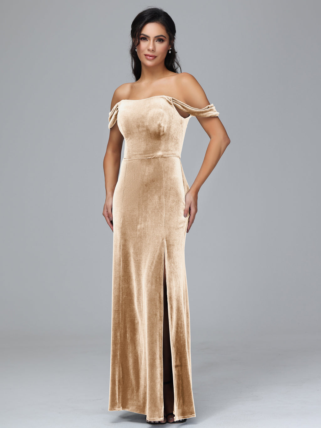 Off Shoulder Plus Size Velvet Bridesmaid Dress With Slit