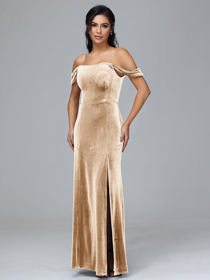 Off Shoulder Plus Size Velvet Bridesmaid Dress With Slit