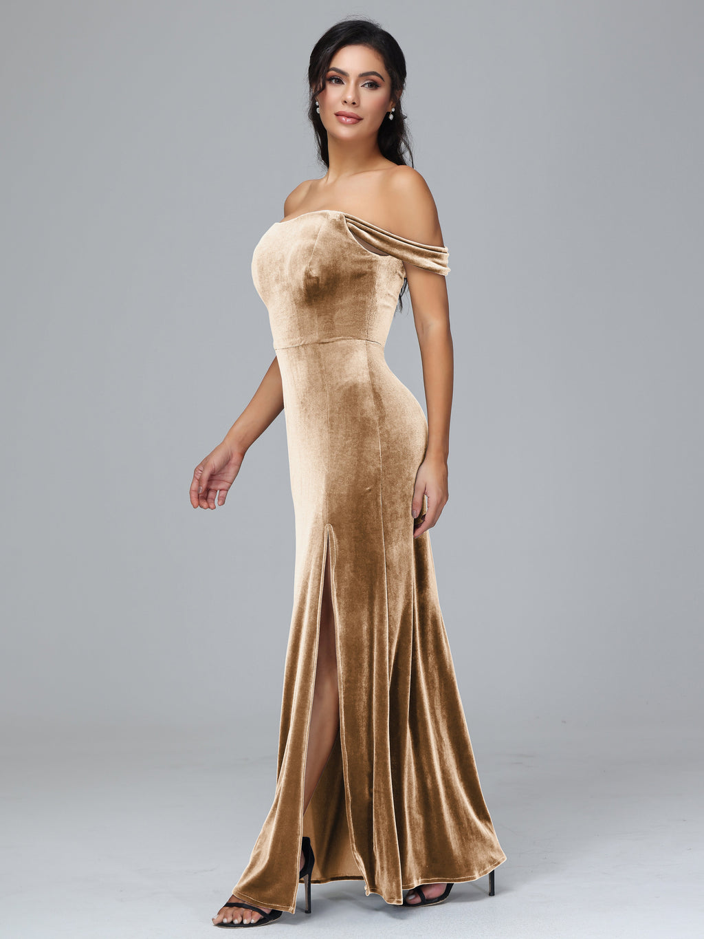 Off Shoulder Plus Size Velvet Bridesmaid Dress With Slit