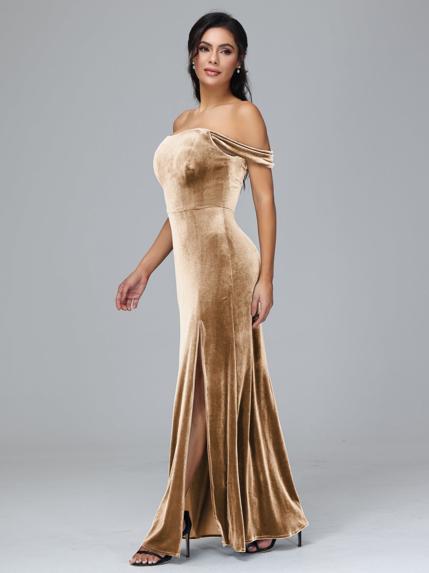 Off Shoulder Plus Size Velvet Bridesmaid Dress With Slit