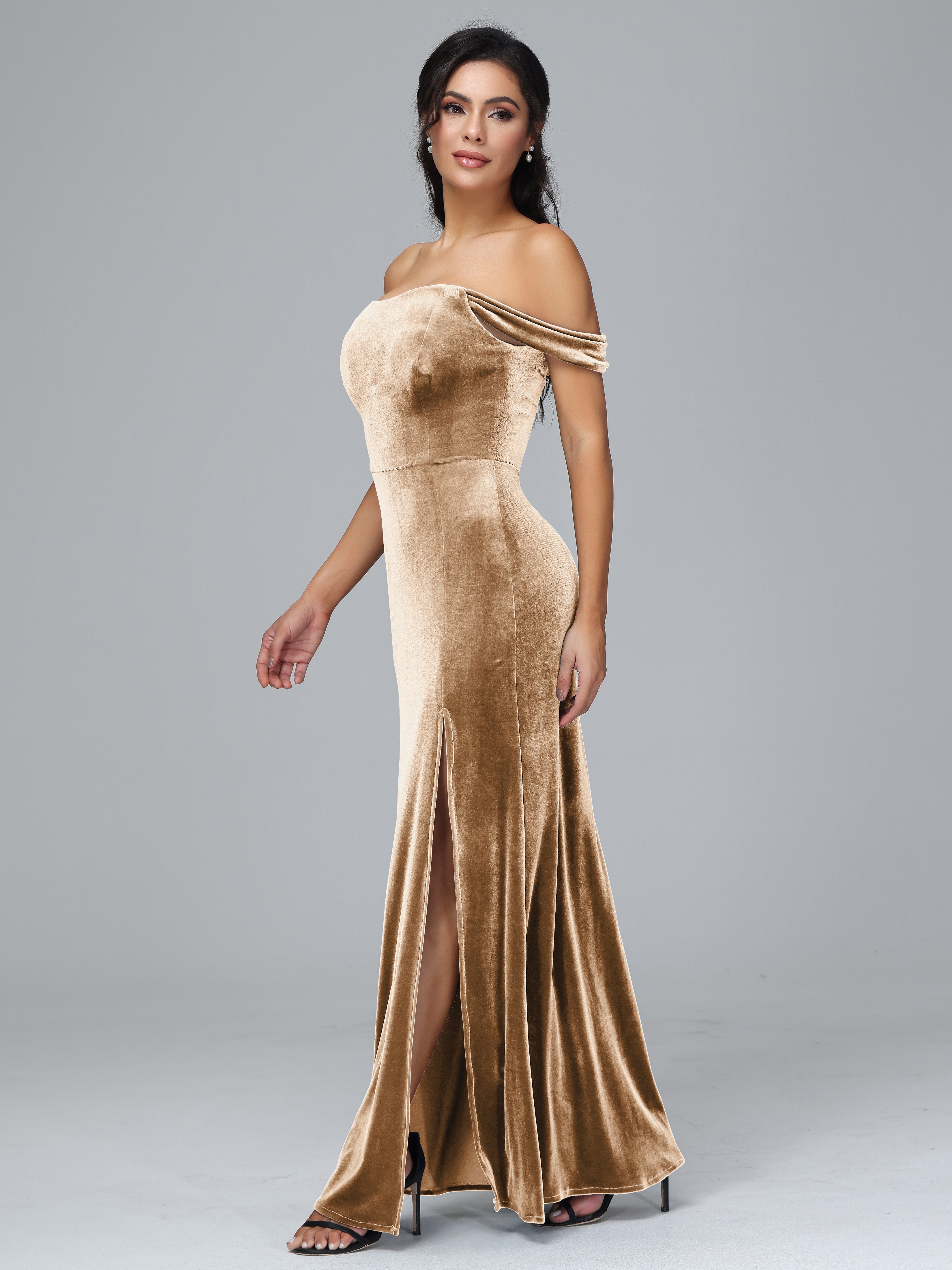 Off Shoulder Plus Size Velvet Bridesmaid Dress With Slit