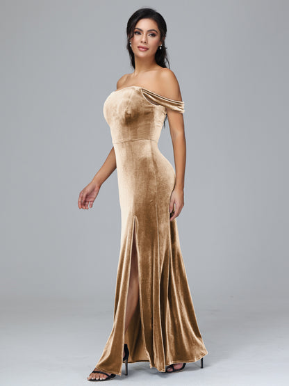 Off Shoulder Plus Size Velvet Bridesmaid Dress With Slit