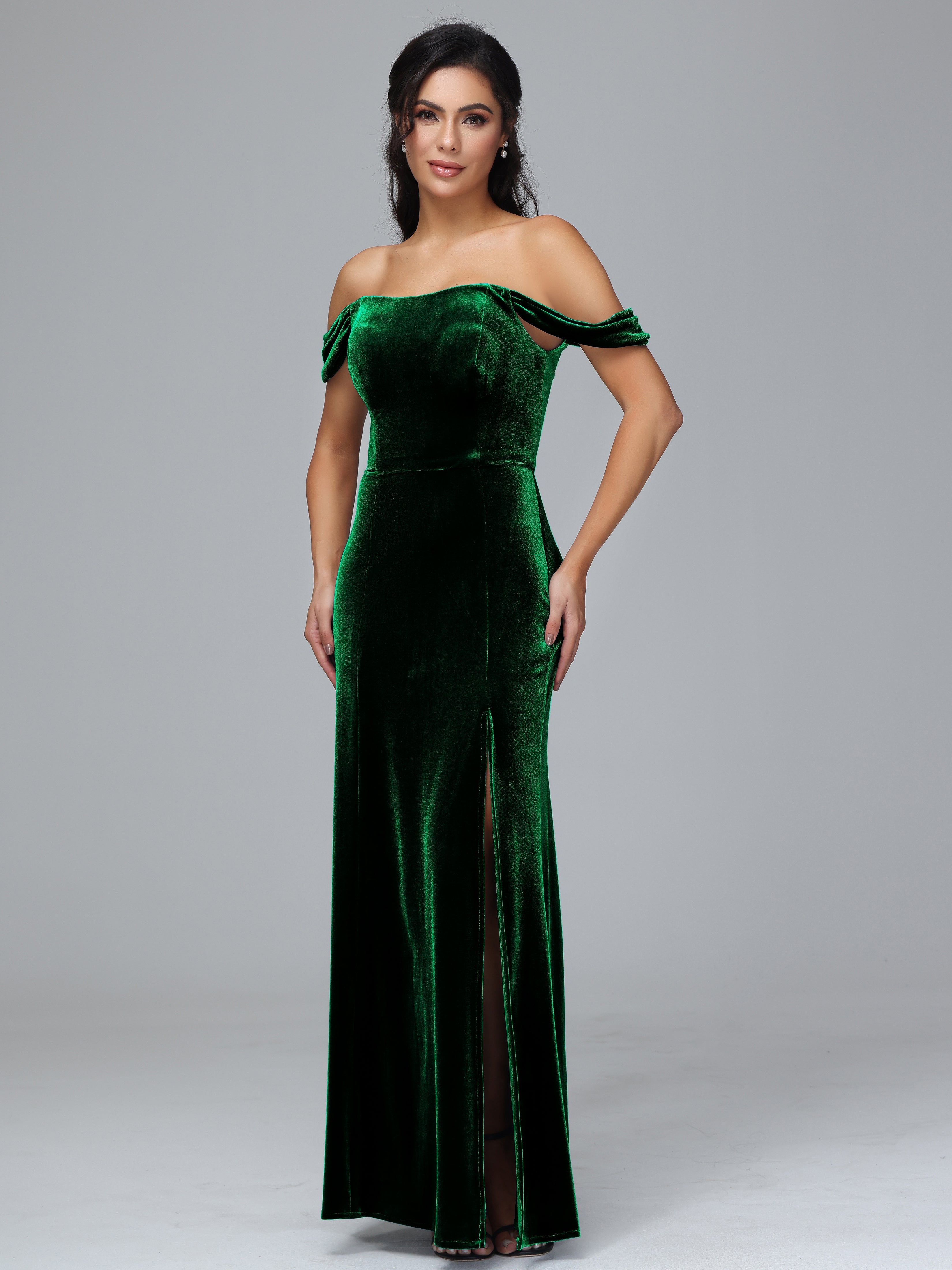 Off Shoulder Plus Size Velvet Bridesmaid Dress With Slit