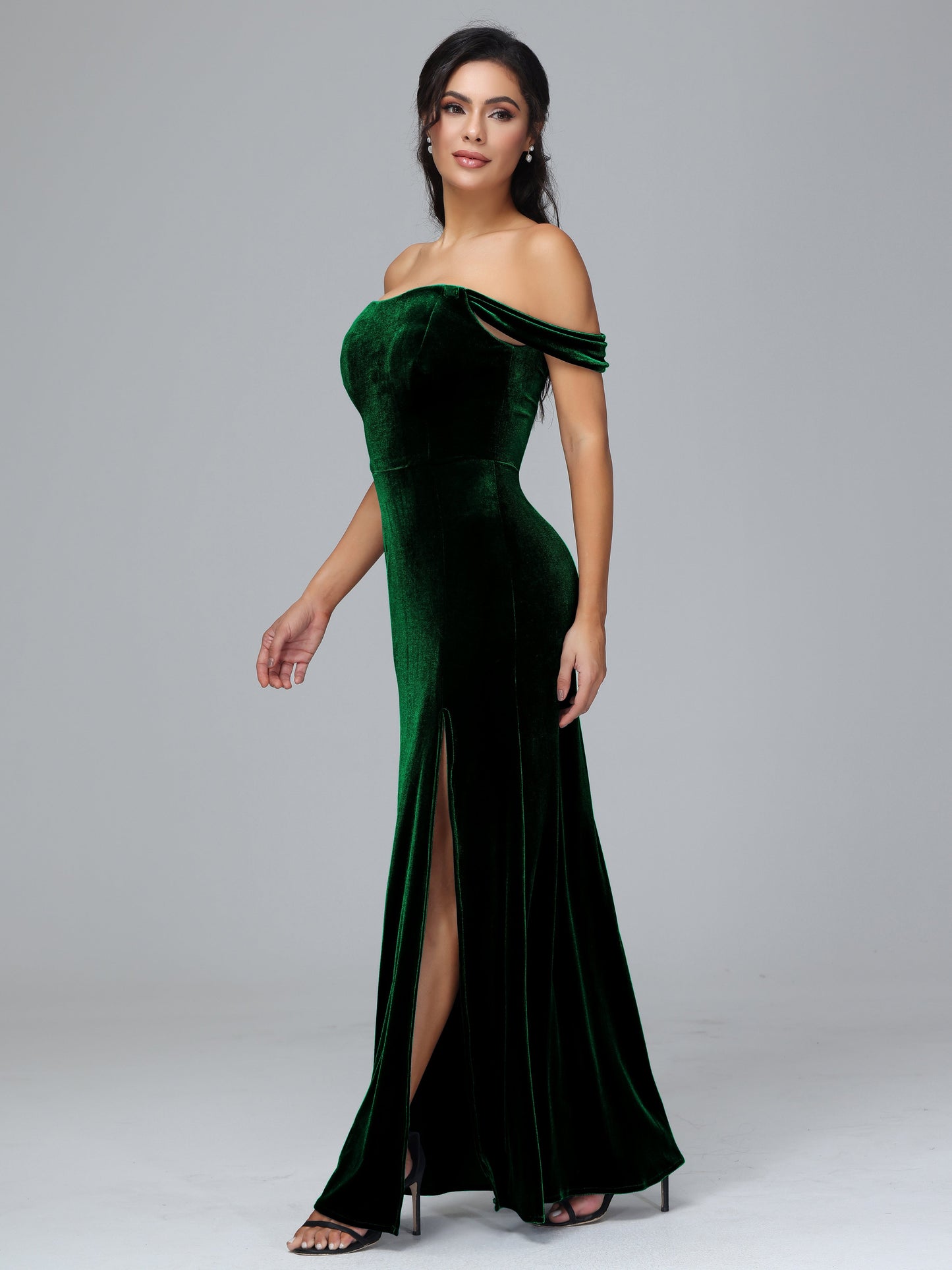 Off Shoulder Plus Size Velvet Bridesmaid Dress With Slit