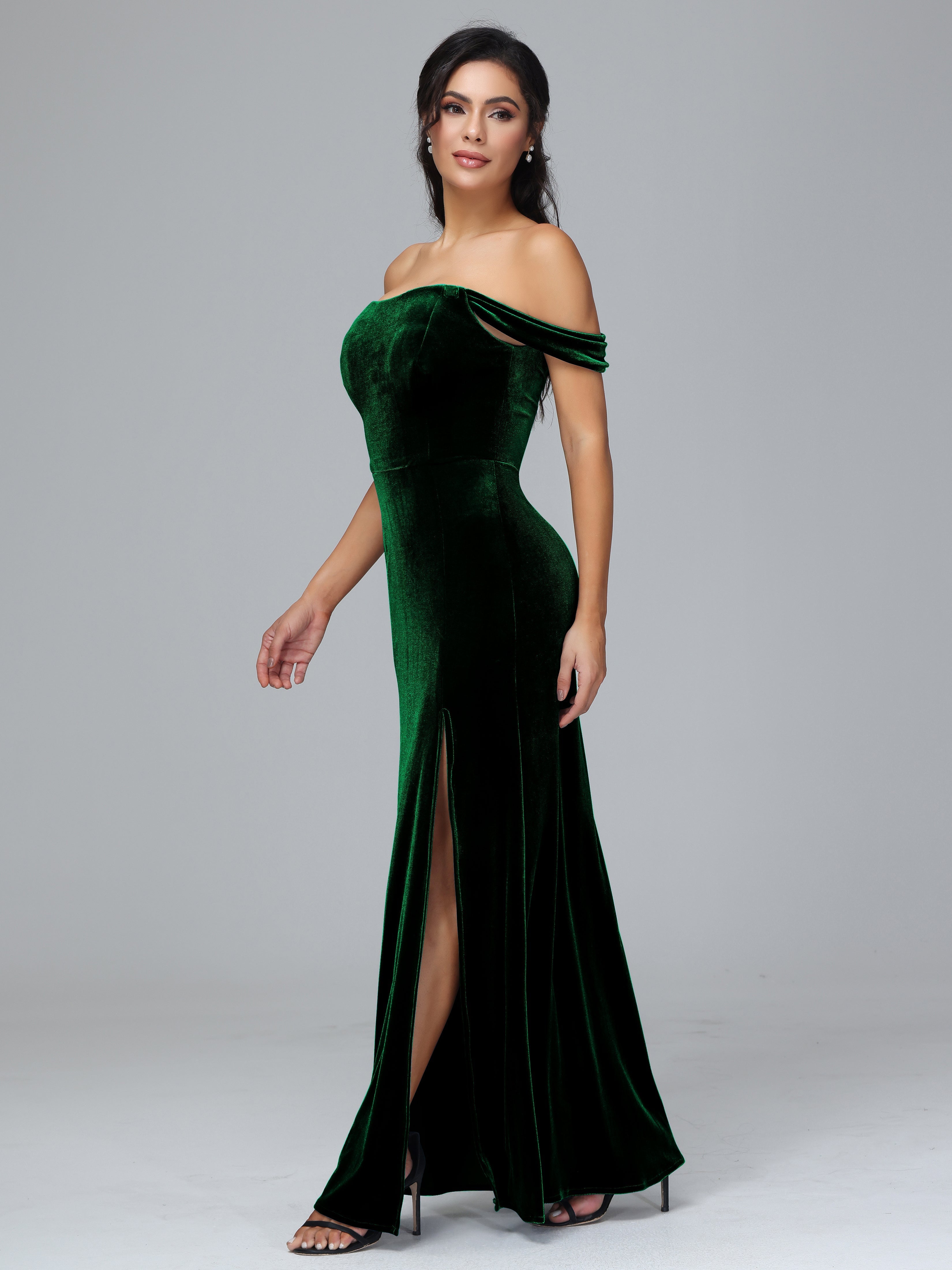 Off Shoulder Plus Size Velvet Bridesmaid Dress With Slit