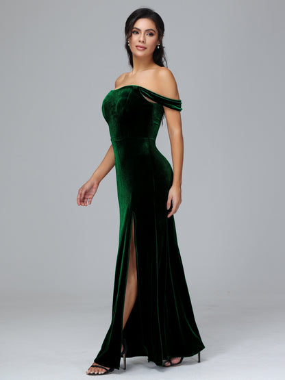 Off Shoulder Plus Size Velvet Bridesmaid Dress With Slit