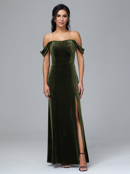 Off Shoulder Plus Size Velvet Bridesmaid Dress With Slit